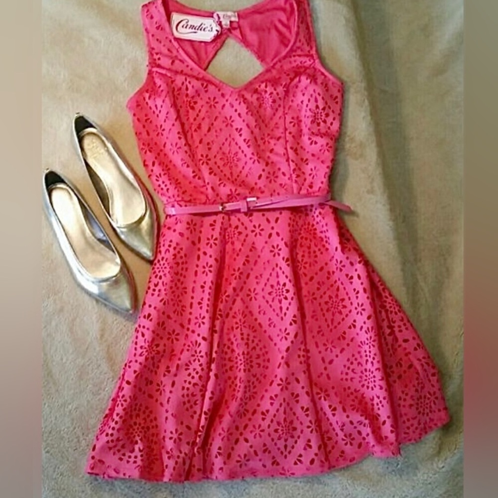 Candie's Juniors‎ Pink Laser Cut Skater Flare Mini Short Dress 3 *No Belt (A2)